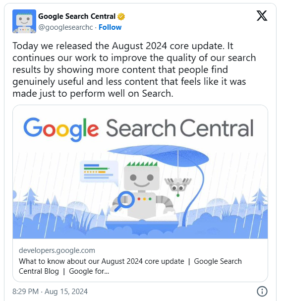 a screenshot of a social media post Google's August 2024 Core Update